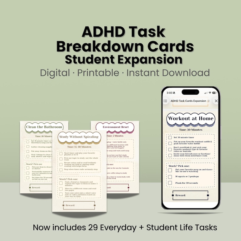 ADHD Task Breakdown Cards | Executive Dysfunction, Student Study Support (Digital Download) image 1