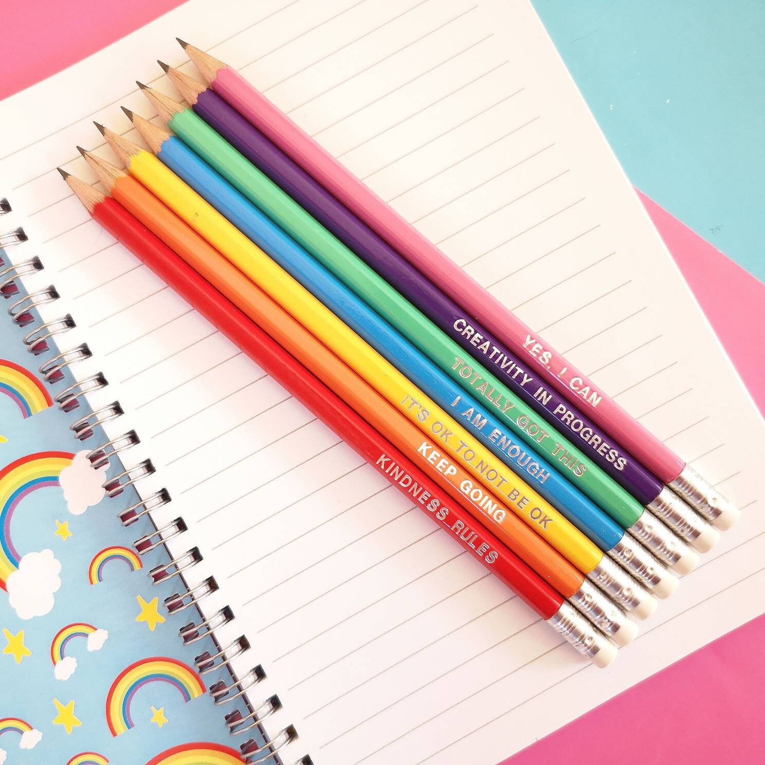 Positive Pencils Set Foil Stamped Pencil Rainbow Etsy