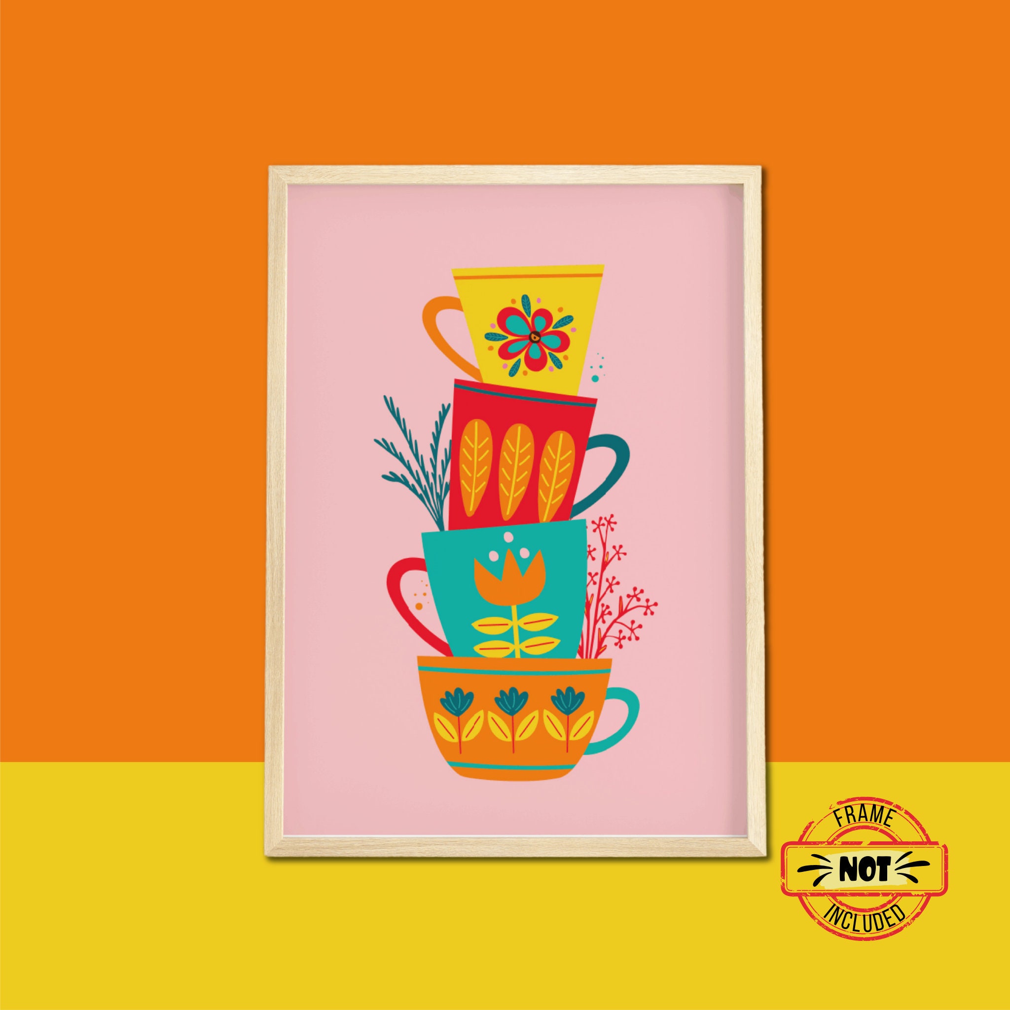 Stacking Tea Cups Kitchen Print Vintage Illustration Prints Etsy UK