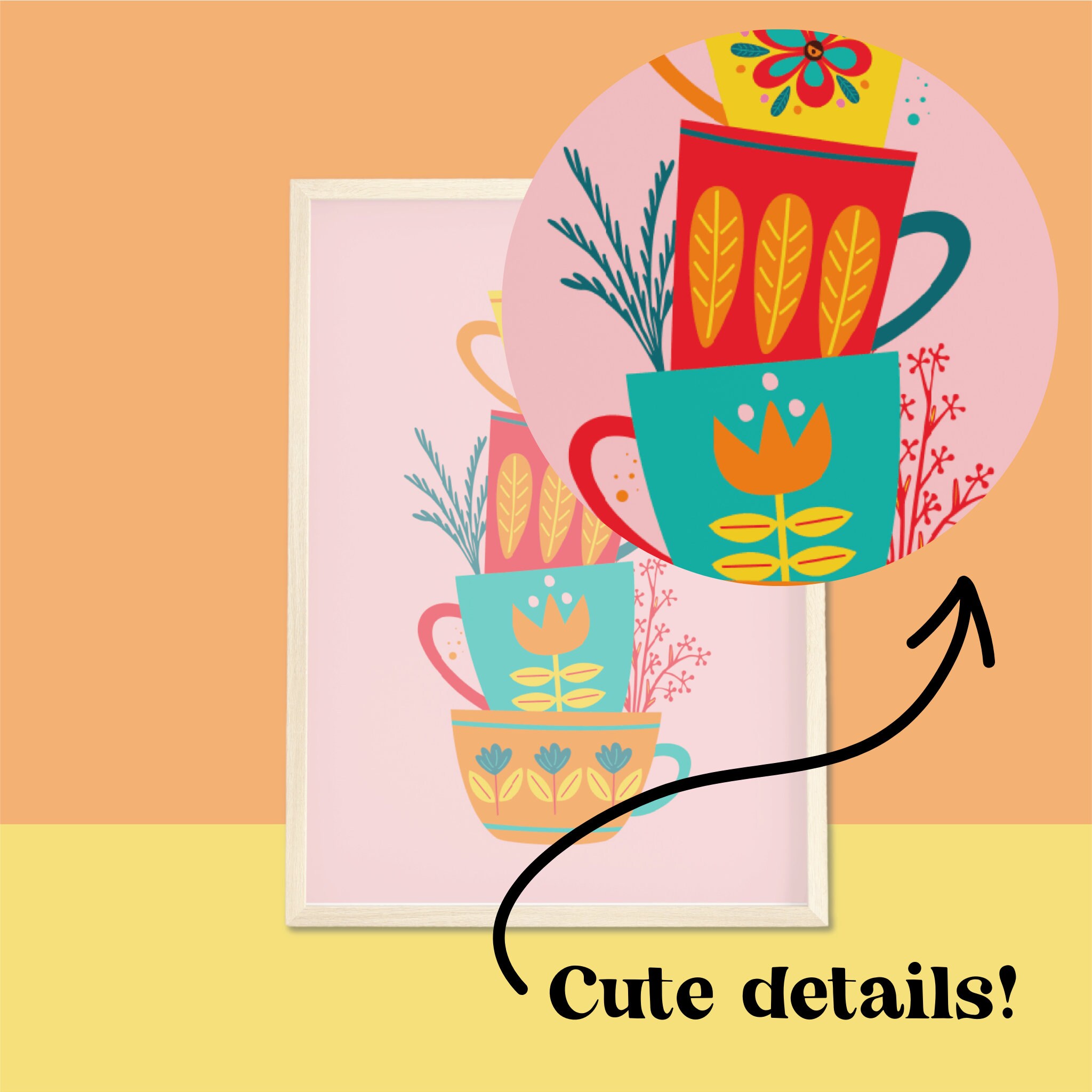 Stacking Tea Cups Kitchen Print Vintage Illustration Prints Etsy UK