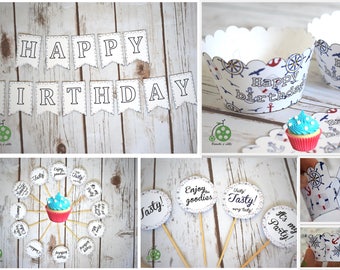 Happy birthday basic kit, nautical theme, INSTANT DOWNLOAD, banner, toppers and wrappers