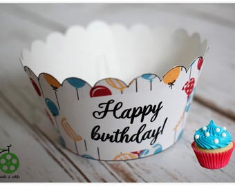 Balloon Theme Cupcake Wrappers, Scalloped Birthday Party Wrappers, Printable PDF File, INSTANT DOWNLOAD