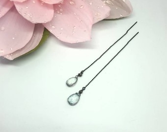 Blue Topaz/pyrite on oxidized sterling silver thread earrings