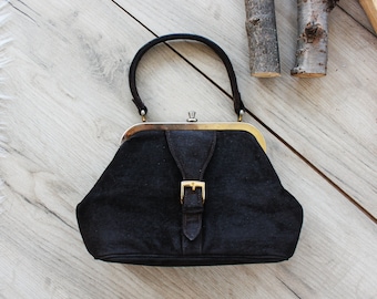 Vintage Suede Top Handle Bag: 1950s-60s Brown Leather Purse