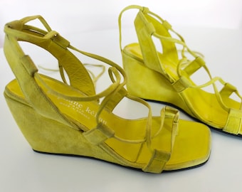 Vintage Stephane Kelian Paris Mustard Yellow Suede Wedge Sandals / Deadstock 90s Y2K Designer Platform Shoes with Original Box Size 3 36/37