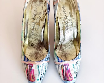 Charles Jourdan Paris Vintage Pumps / 1980s Abstract Paint Brush Effect Satin Heels / Made in France Size US 6 / EU 36.5 with Original Box
