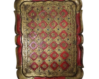 Vassoio vintage fiorentino in legno dorato / Vassoio decorativo decorato in rosso e oro / Tovaglia di metà secolo / Vassoio da tè made in Italy anni '70