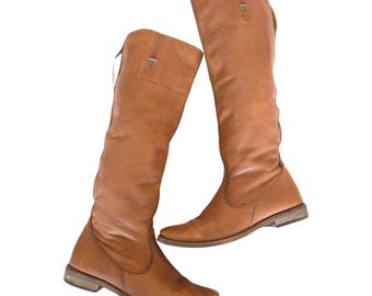 Emilio Pucci Vintage Italian Leather Tall Boots / Cognac Brown Knee High Flat Boots / Riding Boots Size 37 EU