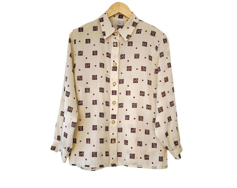Vintage 80s Cream Geometric Blouse, Baroque Square Print Button Up Shirt, Gold Pearl Buttons Blouse, Textured Jacquard Fabric Dark Academia