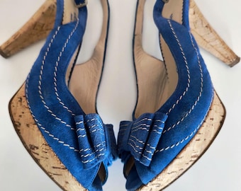Vintage Valentino Royal Blue Suede Cork Platform Heels / Designer Peep Toe Slingback Italian Sandals with Bow / Made in Italy Size 39 EUR