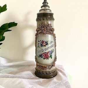 King German Beer Stein: Large Ceramic Lidded Stein, Hand-Painted Oktoberfest Barware