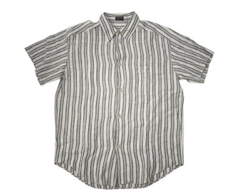 Vintage Giorgio Armani Linen Striped Shirt | 100% Lino Pinstripe Short Sleeves | Size 50 (M/L) | 90s Italian Designer Luxury Shirt for Him