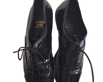 Vintage Lario 1898 Italian Patent Leather Oxfords - Black Cap Toe - EU Size 37 - Classic Designer Shoes - Dark Academia Style