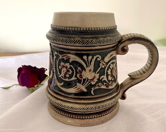 Vintage German Beer Stein: Brown Glazed Ceramic, Raised Design, Oktoberfest Decor