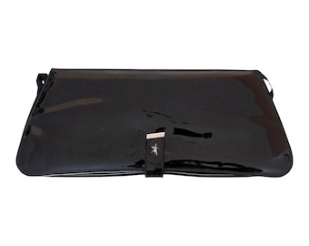 Vintage Thierry Mugler Black Patent Clutch Bag, Y2K Angel Perfume Promo Vanity Case, Space Age Futuristic Evening Purse with Mirror