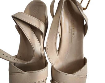Rare Vintage Weekend Max Mara Beige Leather Wedge Platform Sandals | Ankle Strap Shoes | Italian Luxury Footwear Size 38 EU | Vacay Shoes