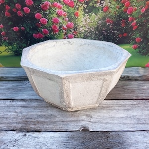 Peut inclure: Un pot de fleurs octogonal blanc avec une surface texturée et une bordure grise. Le pot est fait d'un matériau semblable à du béton et est vide. L'arrière-plan présente une image floue de roses roses.