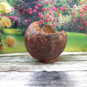 Op de afbeelding: Een bruine, getextureerde bloempot met een brede opening. De bloempot heeft een afgeronde vorm en staat op een kleine basis. De achtergrond toont een tuin met rozen, wat wijst op een decoratief of buitenthema.