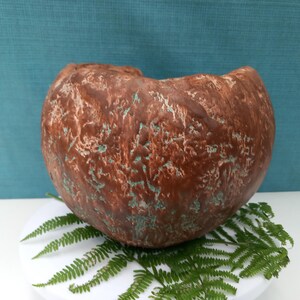 Peut inclure: Un bol en céramique marron fait à la main avec une surface texturée et des accents turquoise. Le bol a une forme organique unique et repose sur une surface blanche avec des feuilles de fougère vertes. Une pièce décorative.