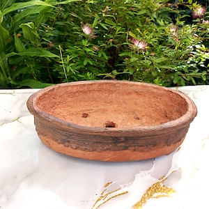 Puede incluir: Una maceta ovalada de terracota para bonsái. Tiene una banda texturizada de color marrón oscuro en el centro y varios orificios de drenaje. La maceta está sobre una superficie blanca con un patrón dorado, con follaje verde al fondo.