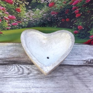 Puede incluir: Una maceta en forma de corazón, de color gris claro, con una superficie texturizada. La maceta tiene un pequeño orificio de drenaje en la parte inferior y está colocada frente a una escena de jardín con rosas.