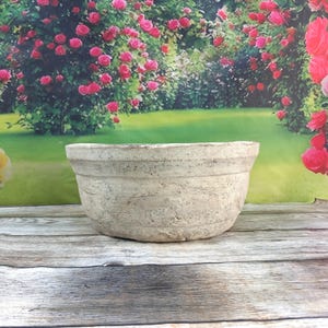 May include: A weathered, light gray, round planter with horizontal bands. The textured surface gives it a rustic appearance. The planter is set against a backdrop of a garden with pink roses and green grass.