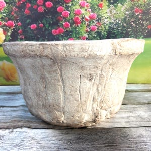 Peut inclure: Un grand pot de fleurs texturé, de couleur blanc cassé, avec un bord large et légèrement évasé. Le pot a un aspect rugueux et vieilli, suggérant une esthétique rustique ou ancienne. Le fond présente une vue floue de roses roses.