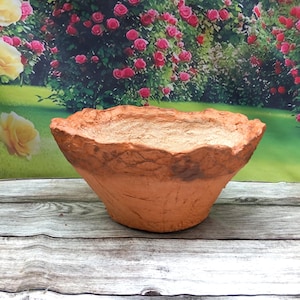 Peut inclure: Un pot de fleur fait à la main, de couleur terre cuite, avec un bord large et texturé. Le pot a une forme évasée et repose sur une surface en bois. L'arrière-plan présente un décor floral avec des roses.