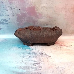 Puede incluir: Una pequeña maceta de cerámica marrón texturizada con una forma rugosa y orgánica. La maceta tiene un cuenco poco profundo con un interior marrón rojizo oscuro y se apoya en tres pequeños pies. El exterior es de un marrón terroso más oscuro.
