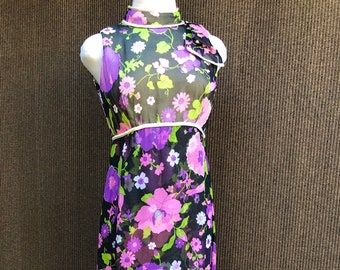 Med 60s Vintage Floral Black, Purple and Pink Maxi Dress 1960s Medium