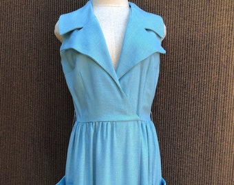 Med 60s Blue Linen Joseph Magnin Dress with Pockets 1960s Medium