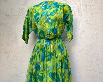 Med 50s Green Floral Party Dress