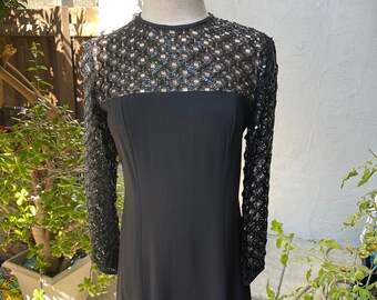 Med 60s Black Crepe Sequined Cocktail Dress Vintage Size 9 MCM Medium