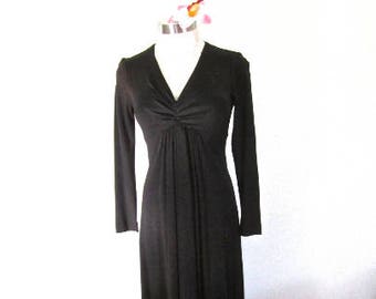 S 70s Gown Black Maxi Dress Long Evening Formal Sleeves Empire Waist Poly Knit by Shawn Jrs Small