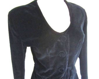 L 40s 50s Jas Peplum Velvet Geplooid Back Button Down Evening Cocktail Gewatteerde schouders door Terry Palmer Large