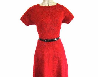 S M 40s 50s Knit Red Metallic Lurex Sparkle Sweater Dress Wool Swing War Era Small Medium