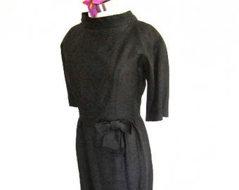 S M 50s 2pc Suit Dress Set Jacket Wiggle Sheath Cocktail Bombshell Mid Century Black LBD Little Black Dress Small Medium