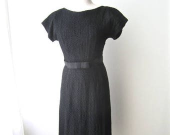 M 50s 60s Black Lace Dress Bow Belt Office Day Cocktail Wiggle Sexy Marilyn Cotton Eyelet Medium