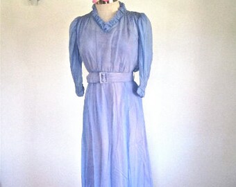 M 30s Gown Sheer Lilac Purple Periwinkle Blue Ruching Puff Sleeves Long Evening Formal Dress Belt Petite Medium