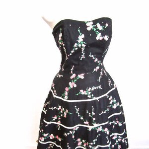 M L 50s Rhinestone Floral Strapless Party Dress Black Pink White Print Full Circle Skirt Crinoline Cocktail Summer Sexy Medium Large
