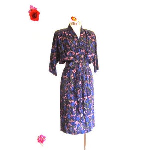 ML 80s Rayon Purple Floral Dress Padded Shoulders Belted 3/4 Sleeves Straight Skirt Blue Green Pink 40s Look Medium to Large