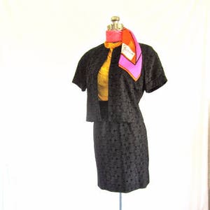 S 60s 2pc Black Floral Eyelet Pencil Skirt Cropped Jacket Embroidered Petite Small Size