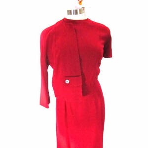 M 50s 60s 2pc Suit Dress Set Jacket Wool Wiggle Sheath Mid Century Red Soft Wool Roseweb Medium
