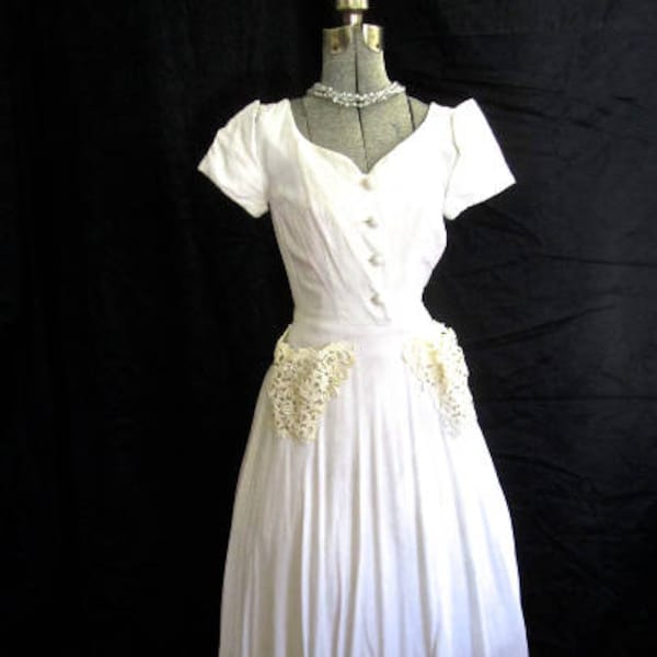 S 40s 50s Witte jurk katoenen linnen kant strass zakjes Button Voorzijde door Symphony Original Small