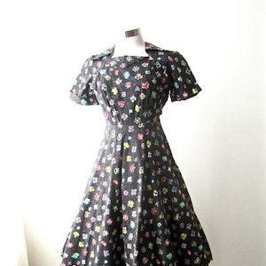 M 40s 50s vestido novidade impressão algodão preto rosa rosa roxo metálico ouro saia completa verão festa casa dia estoque morto precisa de zíper médio