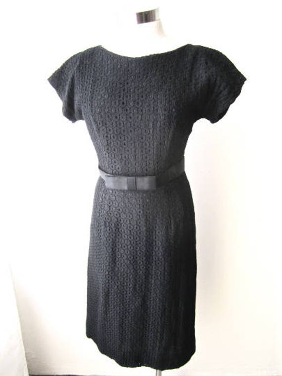 M 50s 60s Black Lace Dress Bow Belt Office Day Co… - image 4