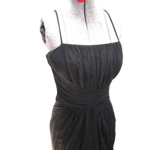 S 50s Black Cocktail Dress Black LBD Sheer Draped Audrey Wiggle Sheath Sexy Rayon Knit Small