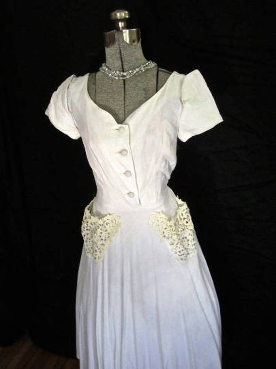 S 40s 50s White Dress Cotton Linen Lace Rhineston… - image 2