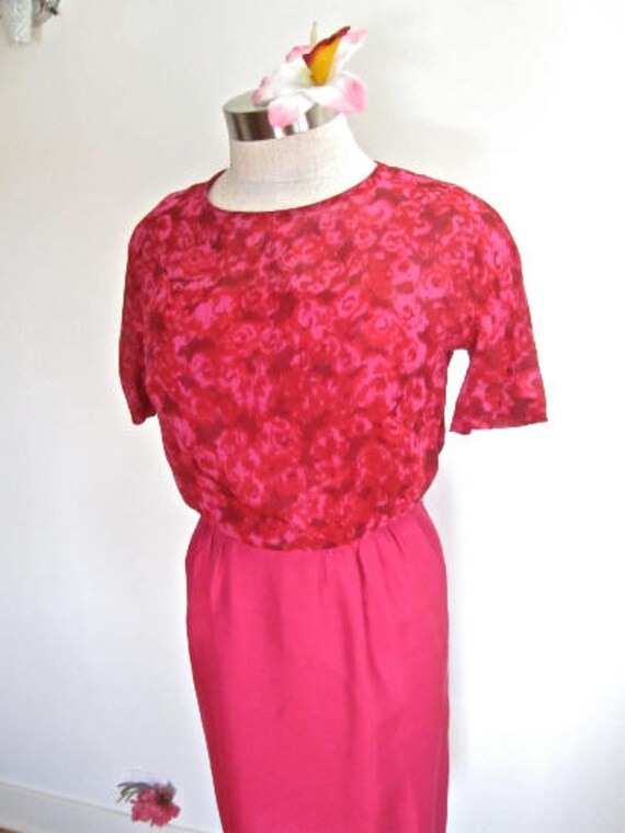 M L 60s Hot Pink MCM Wiggle Sheath Dress Silk Sha… - image 1