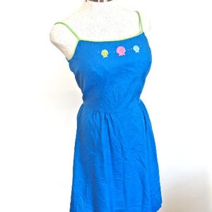 S M 60s 70s  Sundress Seashells Embroidered Blue Pink Green Spaghetti Straps Dress Vintage Small Medium